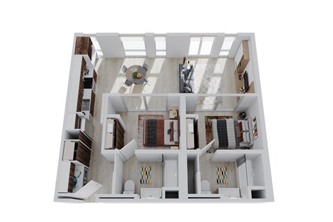 a 3d floor plan of a house with a bedroom and a living room